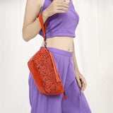 ADBG1234 Hand-Tooled Leather Wristlet Clutch - Floral Design with Tassel