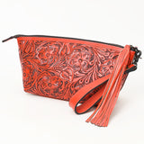 ADBG1234 Hand-Tooled Leather Wristlet Clutch - Floral Design with Tassel