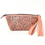 ADBG1234 Hand-Tooled Leather Wristlet Clutch - Floral Design with Tassel