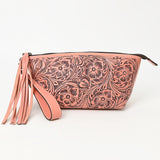 ADBG1234 Hand-Tooled Leather Wristlet Clutch - Floral Design with Tassel