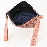 ADBG1234 Hand-Tooled Leather Wristlet Clutch - Floral Design with Tassel