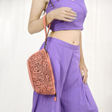 ADBG1234 Hand-Tooled Leather Wristlet Clutch - Floral Design with Tassel