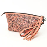 ADBG1234 Hand-Tooled Leather Wristlet Clutch - Floral Design with Tassel