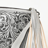 ADBG1234 Hand-Tooled Leather Wristlet Clutch - Floral Design with Tassel