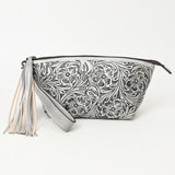 ADBG1234 Hand-Tooled Leather Wristlet Clutch - Floral Design with Tassel