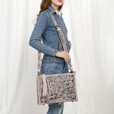 ADBG1235 Hand-Tooled Leather Crossbody Bag - Western Floral Design with Fringe