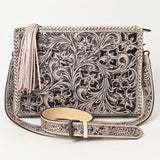 ADBG1235 Hand-Tooled Leather Crossbody Bag - Western Floral Design with Fringe