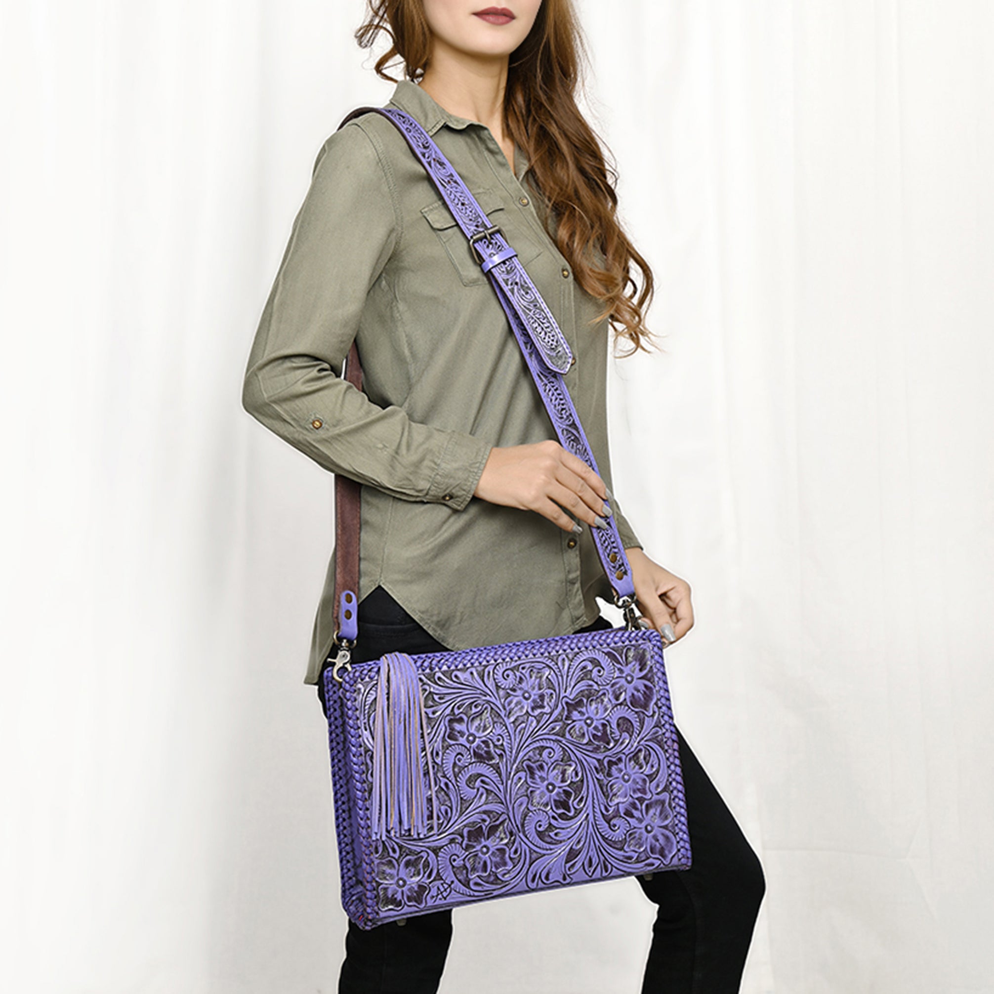 American Darling Hand-Tooled Western Leather Crossbody Bag - Genuine Floral Carved Artisan Purse