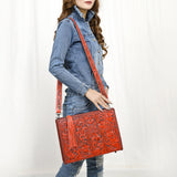 ADBG1235 Hand-Tooled Leather Crossbody Bag - Western Floral Design with Fringe