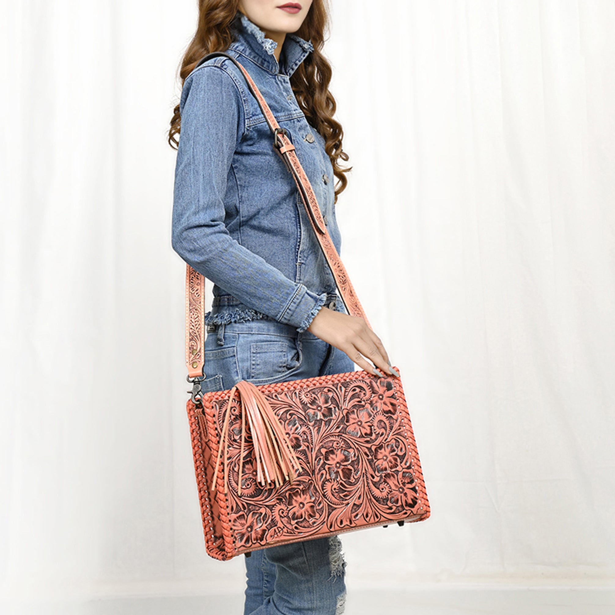 American Darling Hand-Tooled Western Leather Crossbody Bag - Genuine Floral Carved Artisan Purse