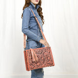 ADBG1235 Hand-Tooled Leather Crossbody Bag - Western Floral Design with Fringe