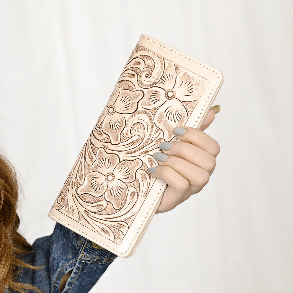 ADBG1269 Hand-Tooled Leather Long Wallet - Western Floral Rodeo Style