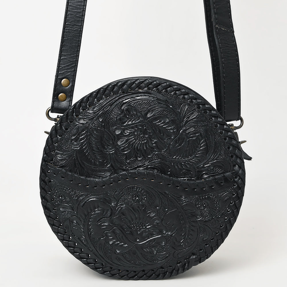 ADBG1461 Round Natural Hand-Tooled Leather Canteen Bag - Floral Whipstitch Western Style