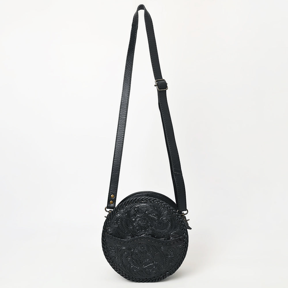 ADBG1461 Round Natural Hand-Tooled Leather Canteen Bag - Floral Whipstitch Western Style