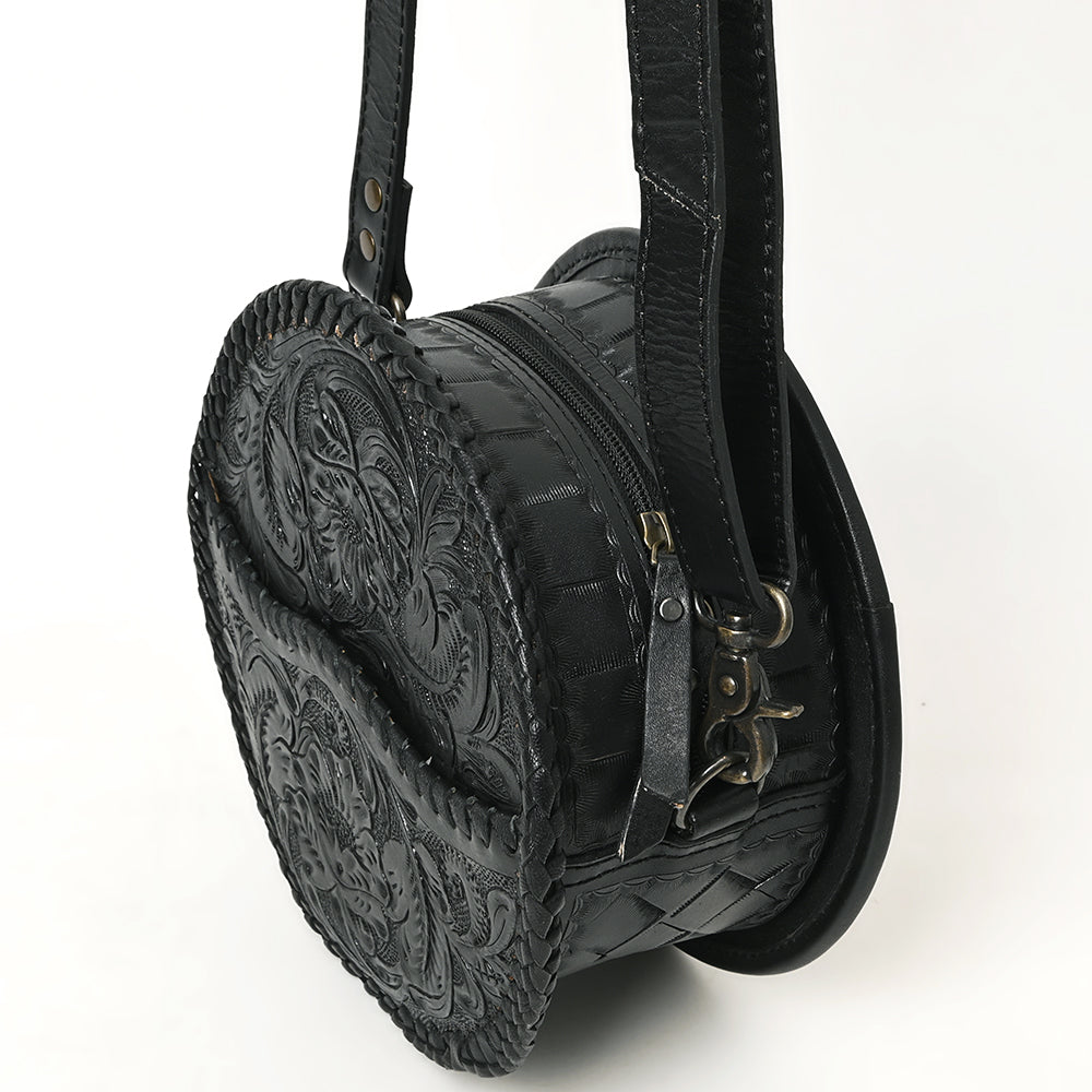 ADBG1461 Round Natural Hand-Tooled Leather Canteen Bag - Floral Whipstitch Western Style