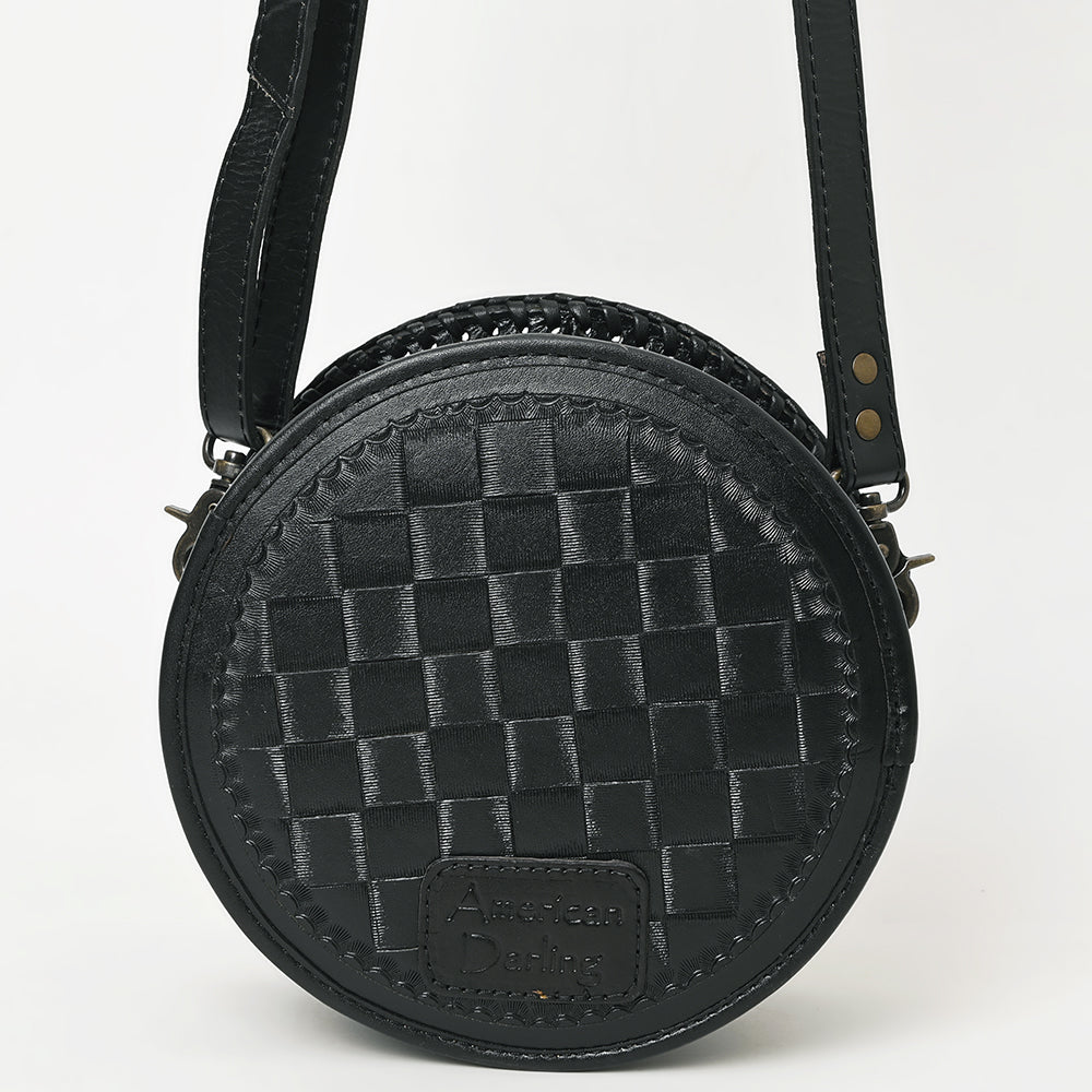 ADBG1461 Round Natural Hand-Tooled Leather Canteen Bag - Floral Whipstitch Western Style