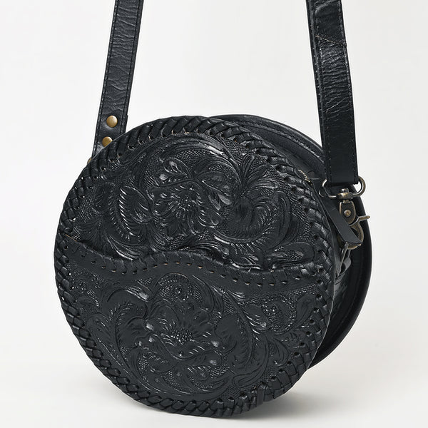 ADBG1461 Round Natural Hand-Tooled Leather Canteen Bag - Floral Whipstitch Western Style