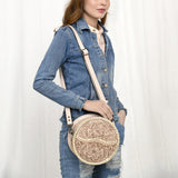 ADBG1461 Round Natural Hand-Tooled Leather Canteen Bag - Floral Whipstitch Western Style