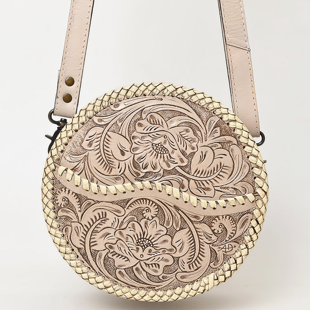 ADBG1461 Round Natural Hand-Tooled Leather Canteen Bag - Floral Whipstitch Western Style