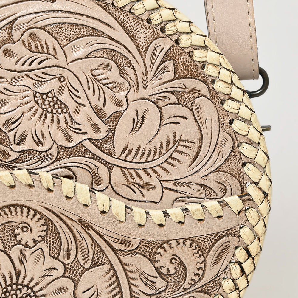 ADBG1461 Round Natural Hand-Tooled Leather Canteen Bag - Floral Whipstitch Western Style