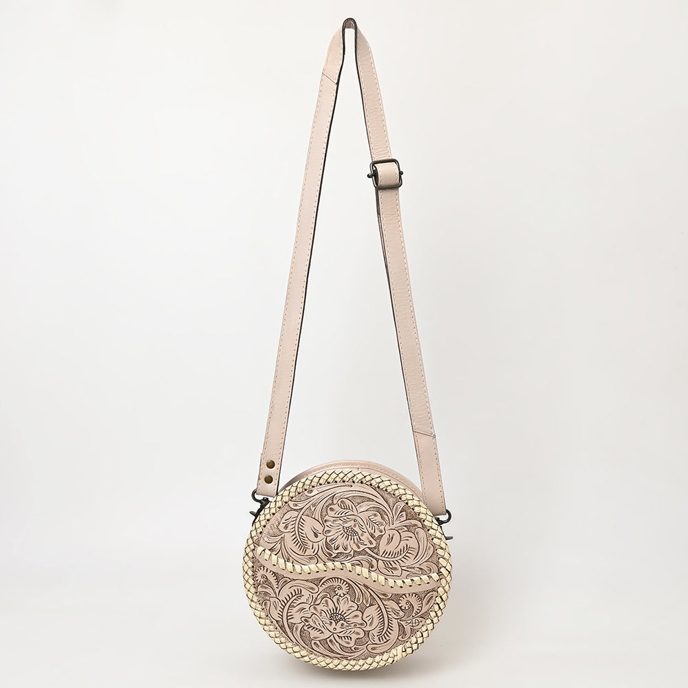 ADBG1461 Round Natural Hand-Tooled Leather Canteen Bag - Floral Whipstitch Western Style