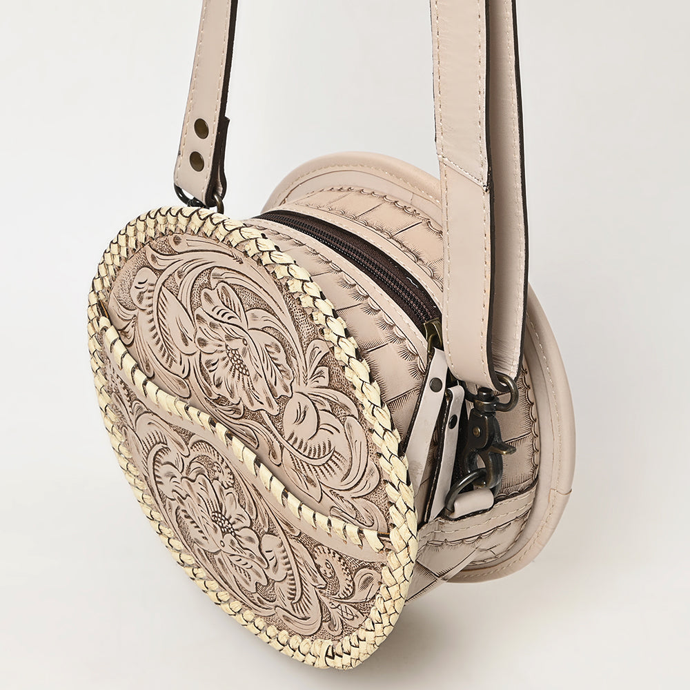 ADBG1461 Round Natural Hand-Tooled Leather Canteen Bag - Floral Whipstitch Western Style