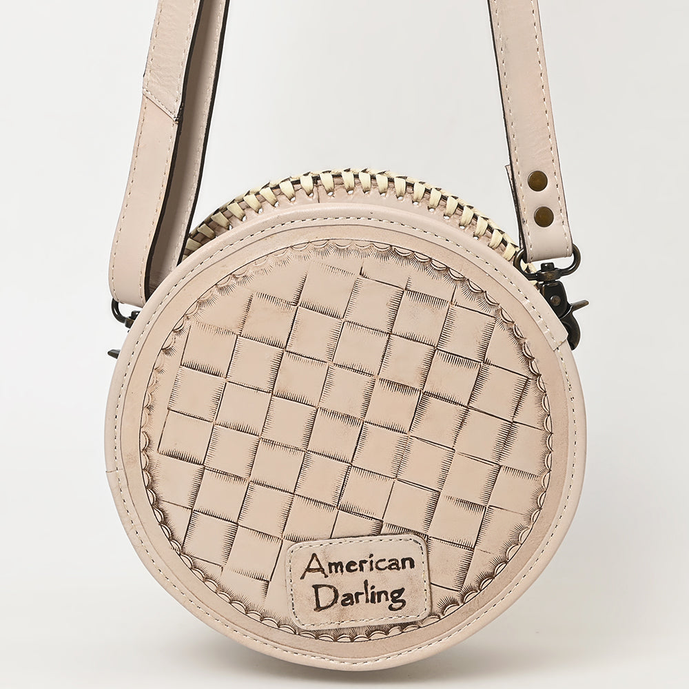 ADBG1461 Round Natural Hand-Tooled Leather Canteen Bag - Floral Whipstitch Western Style