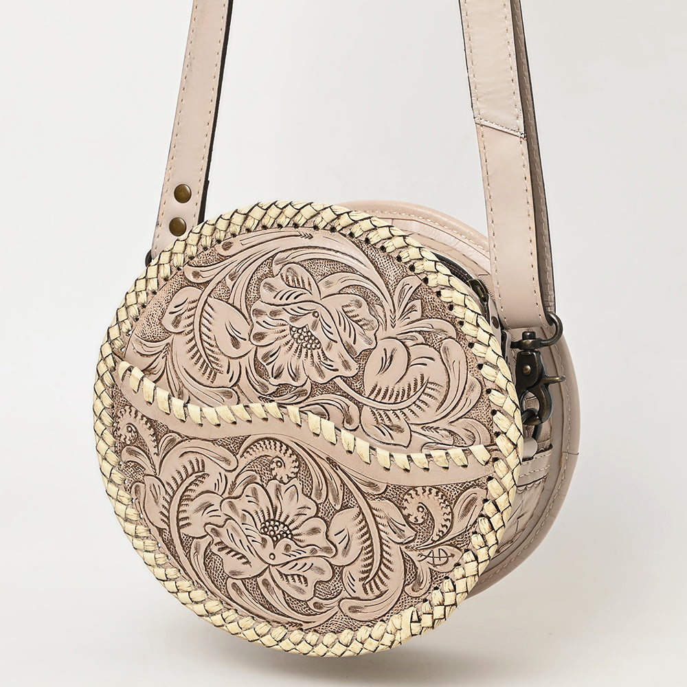 ADBG1461 Round Natural Hand-Tooled Leather Canteen Bag - Floral Whipstitch Western Style