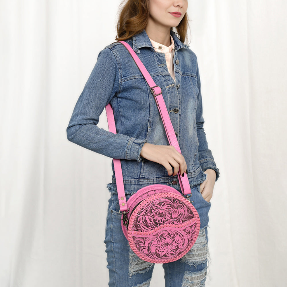 ADBG1461 Pink Round Natural Hand-Tooled Leather Canteen Bag - Floral Whipstitch Western Style