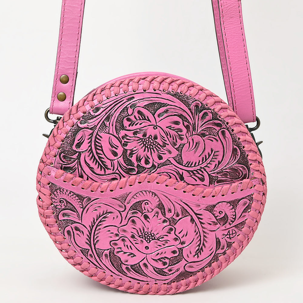 ADBG1461 Pink Round Natural Hand-Tooled Leather Canteen Bag - Floral Whipstitch Western Style