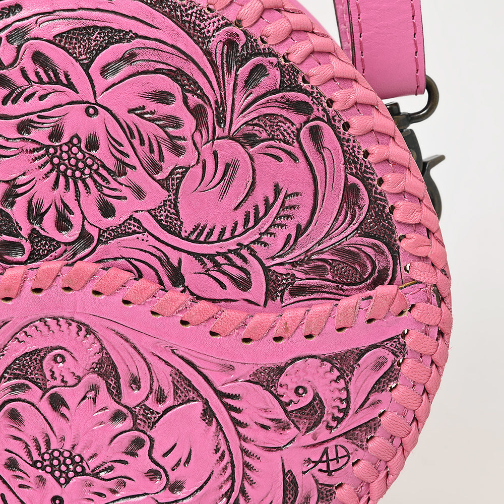 ADBG1461 Pink Round Natural Hand-Tooled Leather Canteen Bag - Floral Whipstitch Western Style