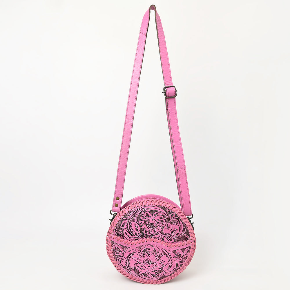 ADBG1461 Pink Round Natural Hand-Tooled Leather Canteen Bag - Floral Whipstitch Western Style