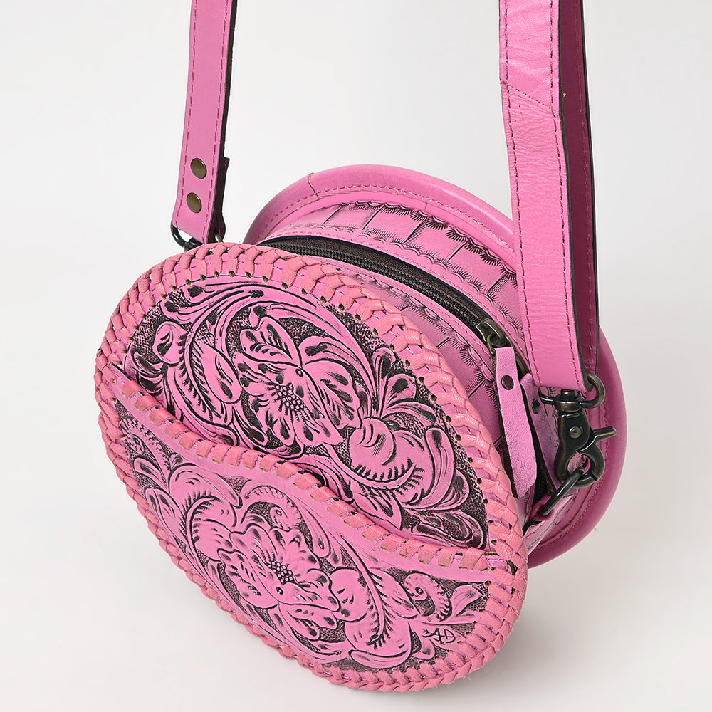ADBG1461 Pink Round Natural Hand-Tooled Leather Canteen Bag - Floral Whipstitch Western Style