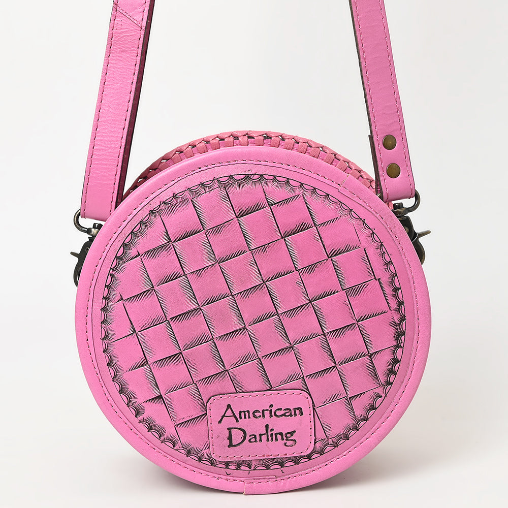 ADBG1461 Pink Round Natural Hand-Tooled Leather Canteen Bag - Floral Whipstitch Western Style