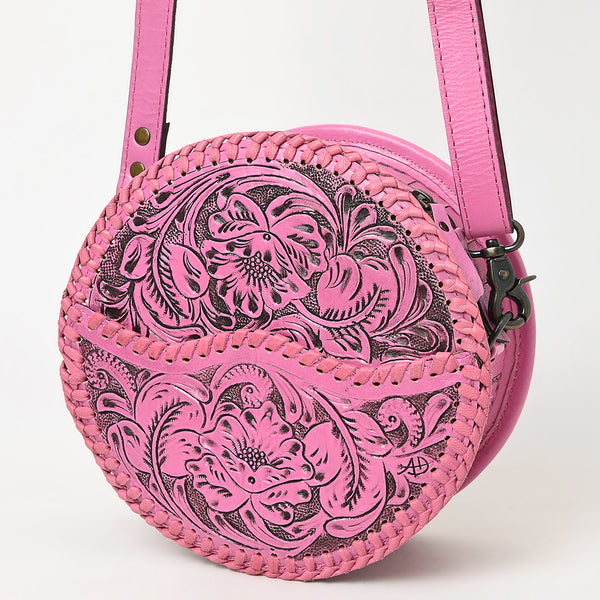 ADBG1461 Pink Round Natural Hand-Tooled Leather Canteen Bag - Floral Whipstitch Western Style