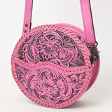 ADBG1461 Round Natural Hand-Tooled Leather Canteen Bag - Floral Whipstitch Western Style