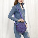 ADBG1461 Round Natural Hand-Tooled Leather Canteen Bag - Floral Whipstitch Western Style