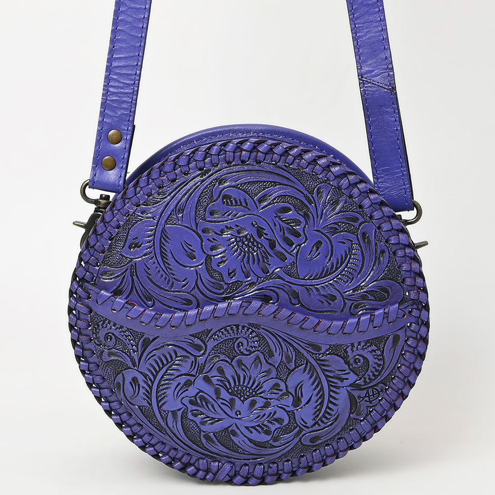 ADBG1461 Round Natural Hand-Tooled Leather Canteen Bag - Floral Whipstitch Western Style