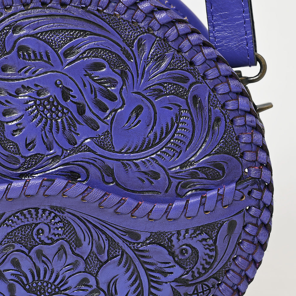 ADBG1461 Round Natural Hand-Tooled Leather Canteen Bag - Floral Whipstitch Western Style