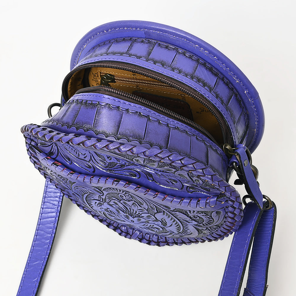 ADBG1461 Round Natural Hand-Tooled Leather Canteen Bag - Floral Whipstitch Western Style