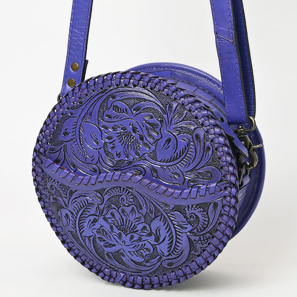 ADBG1461 Round Natural Hand-Tooled Leather Canteen Bag - Floral Whipstitch Western Style