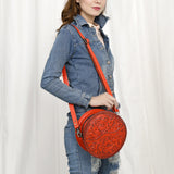 ADBG1461 Round Natural Hand-Tooled Leather Canteen Bag - Floral Whipstitch Western Style