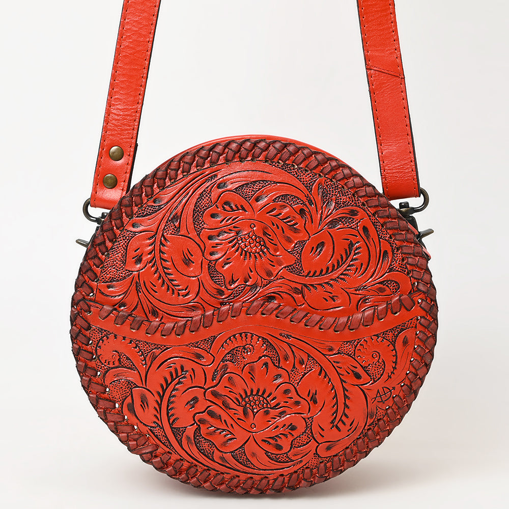 ADBG1461 Round Natural Hand-Tooled Leather Canteen Bag - Floral Whipstitch Western Style