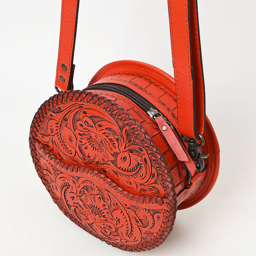 ADBG1461 Round Natural Hand-Tooled Leather Canteen Bag - Floral Whipstitch Western Style