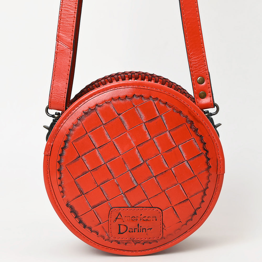ADBG1461 Round Natural Hand-Tooled Leather Canteen Bag - Floral Whipstitch Western Style