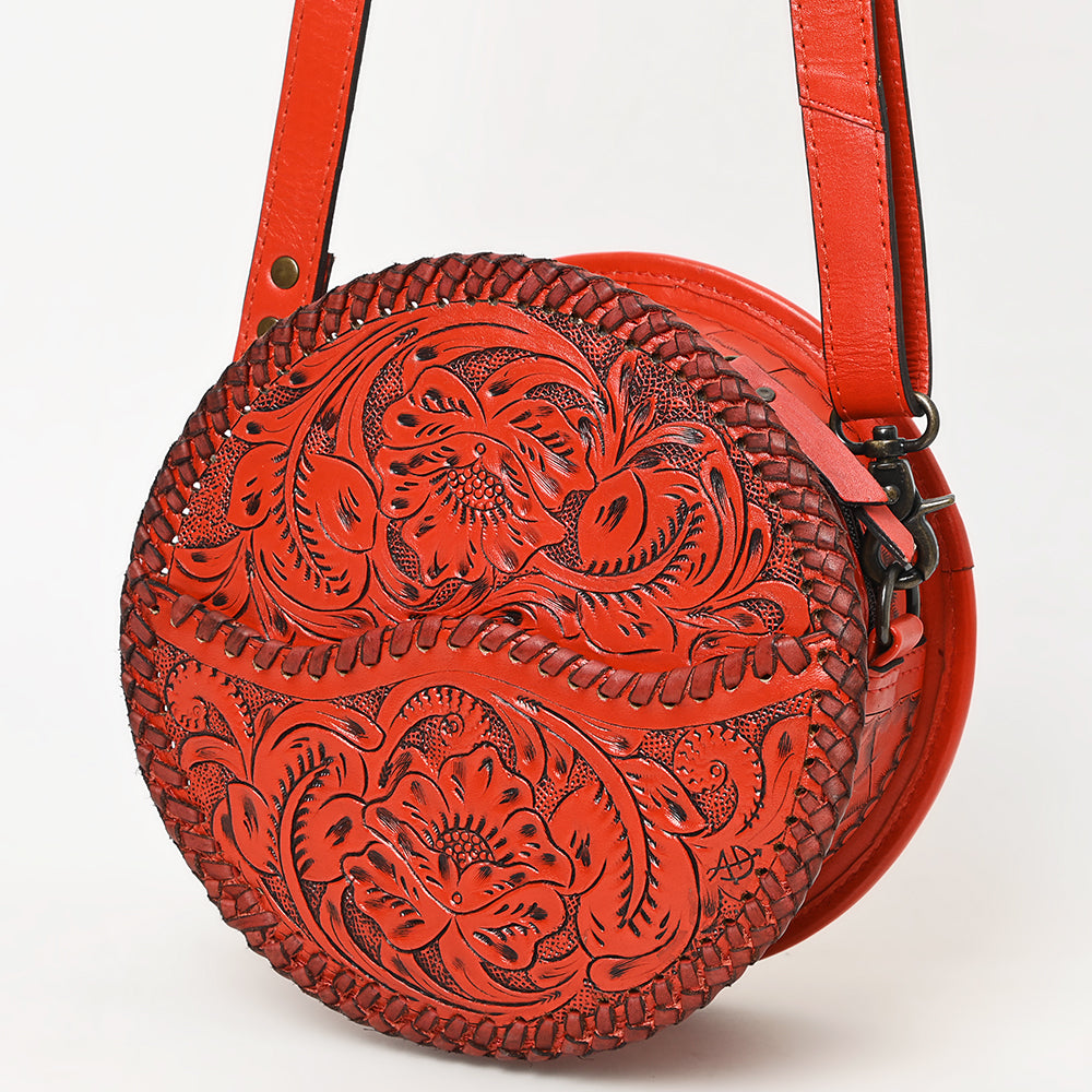 ADBG1461 Round Natural Hand-Tooled Leather Canteen Bag - Floral Whipstitch Western Style