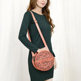 ADBG1461 Round Natural Hand-Tooled Leather Canteen Bag - Floral Whipstitch Western Style