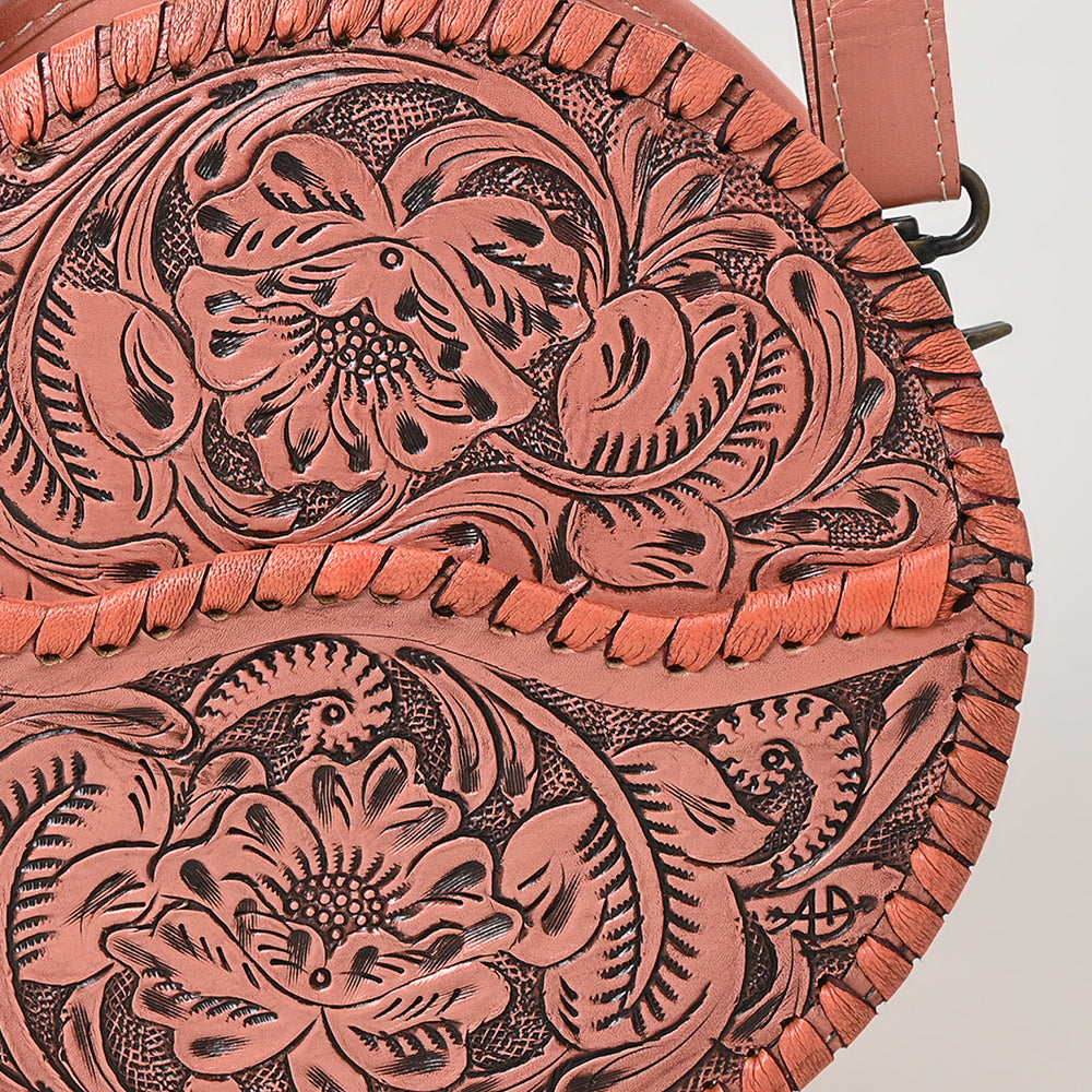 ADBG1461 Round Natural Hand-Tooled Leather Canteen Bag - Floral Whipstitch Western Style