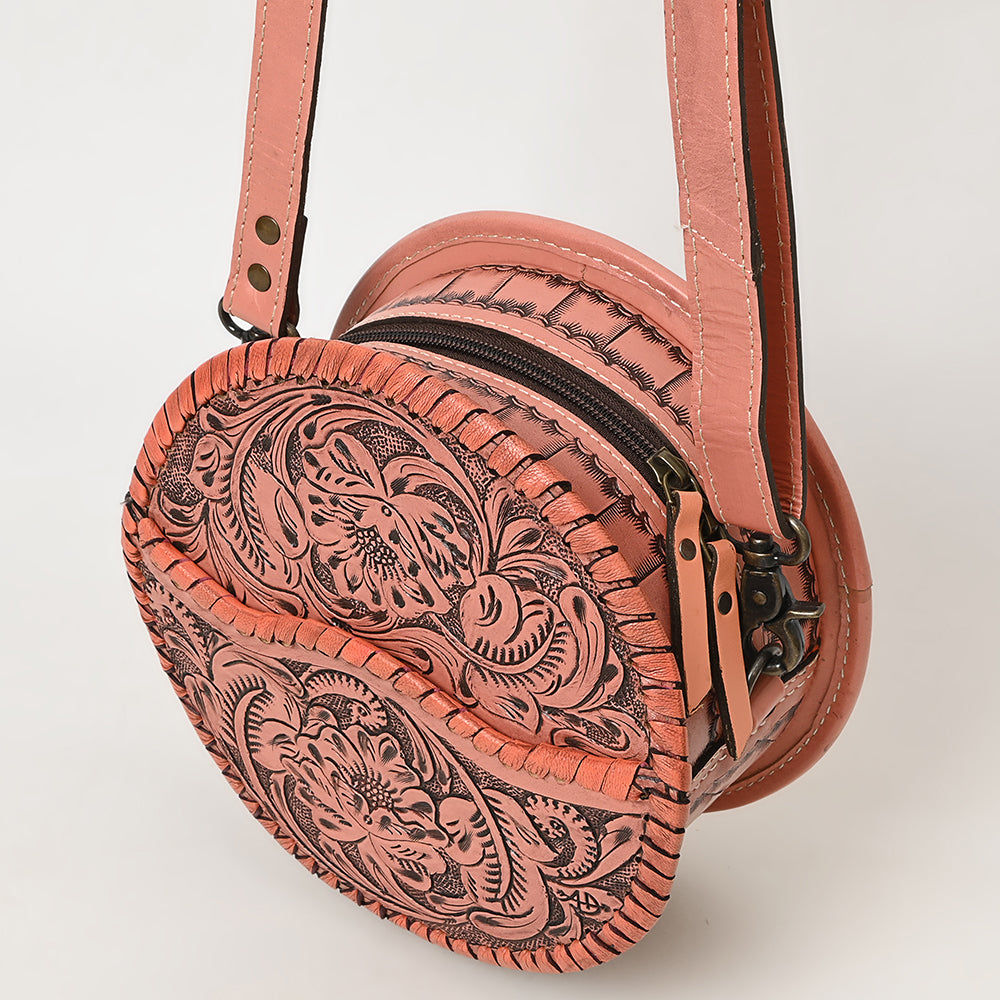 ADBG1461 Round Natural Hand-Tooled Leather Canteen Bag - Floral Whipstitch Western Style