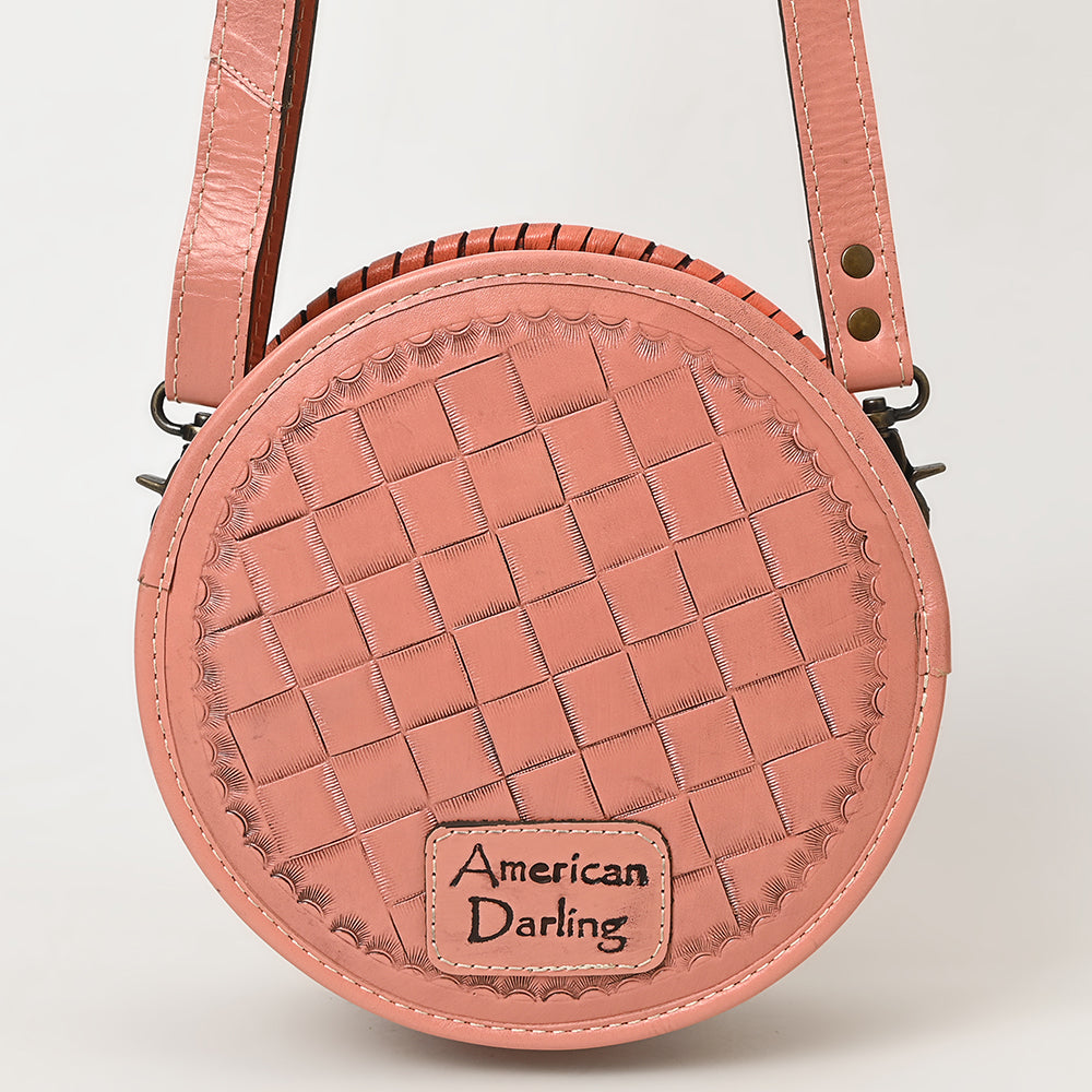 ADBG1461 Round Natural Hand-Tooled Leather Canteen Bag - Floral Whipstitch Western Style